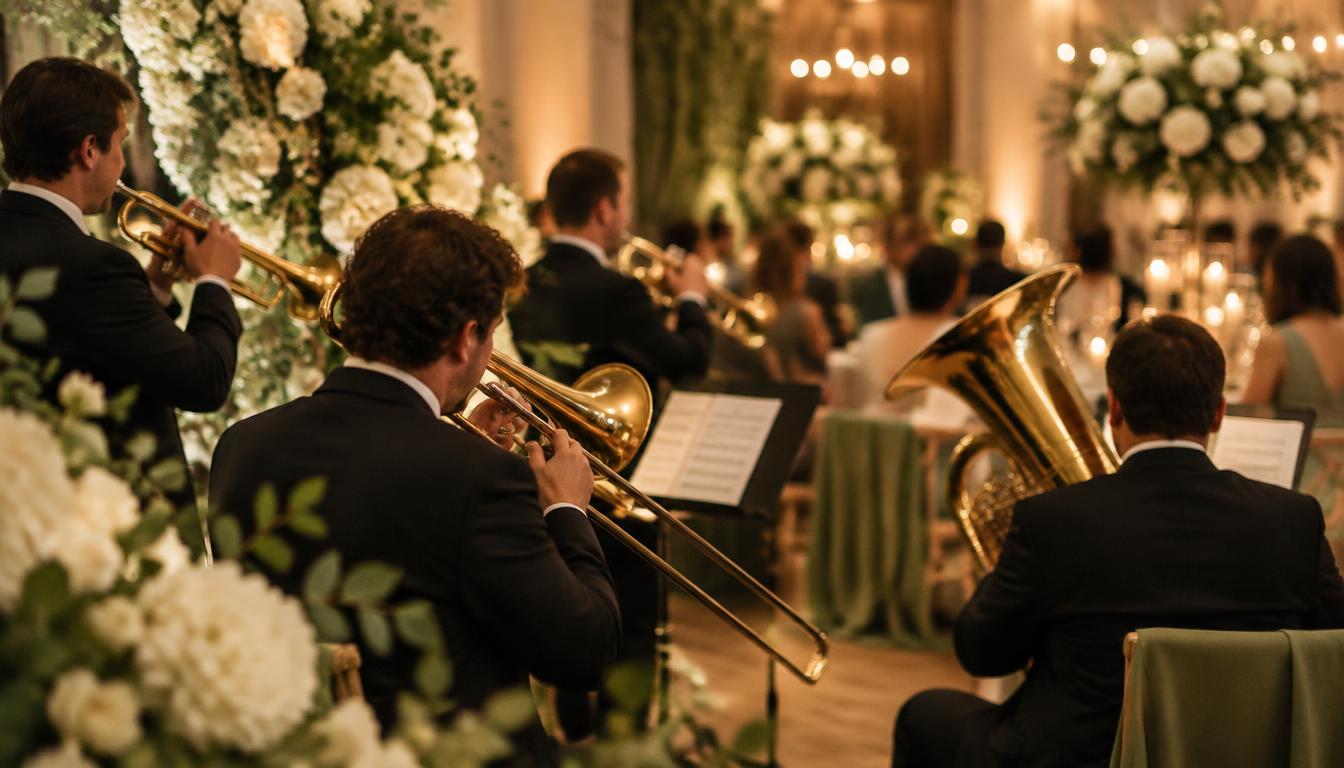 Banda de instrumentos de sopro tocando em uma festa de casamento